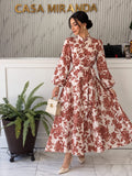 VESTIDO BEIGE CON HOJAS CAFÉS