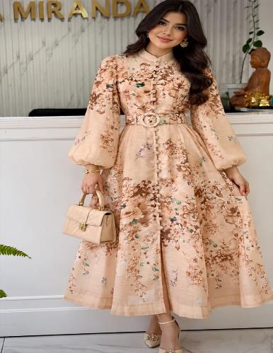 VESTIDO CREMA CON HOJAS CAFÉ MANGA LARGA